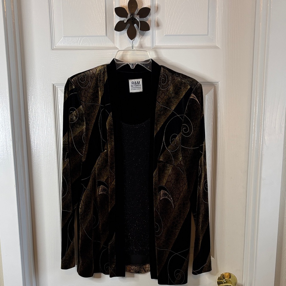 R&M Richards Vintage Elegant Black and Brown Jacket Set w/inner top Velvet EUC-L